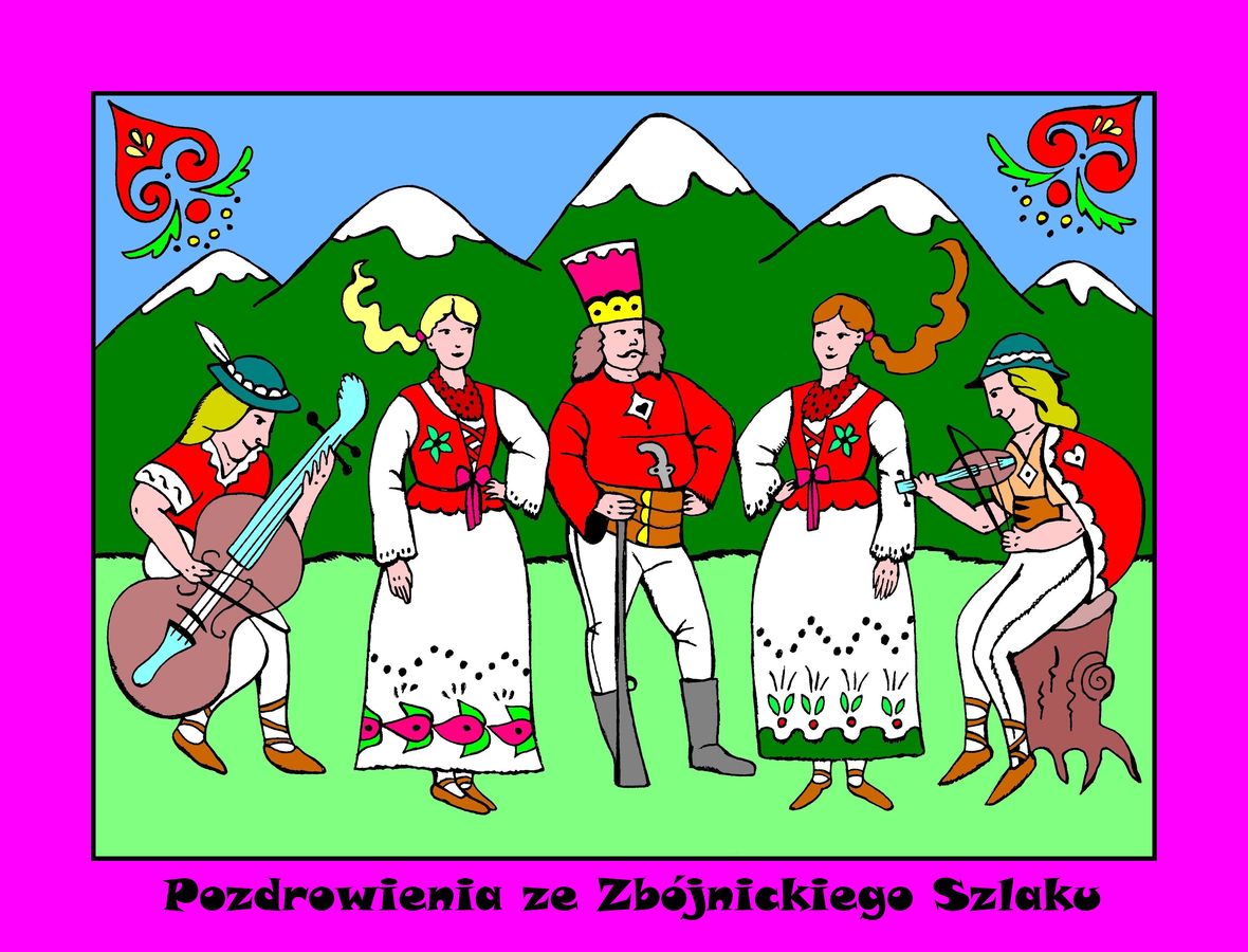 zbojnicka ilustracja muzykanci pocztowka